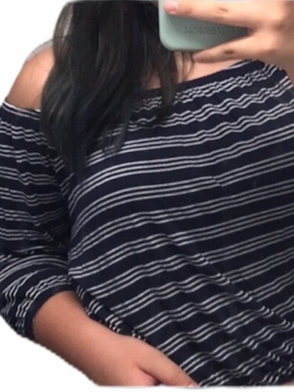 HOLLISTER Navy Blue Off the Shoulder Striped Blouse top shirt stretchy large EUC